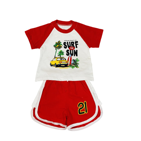 Surf Sun Beach Red Soft Cotton Shirt And Short Set