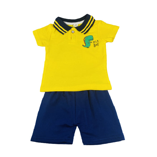 Cotton Polo Shirt and Short Set With Yellow Dino Print