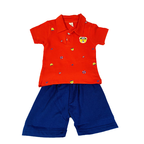 Cotton Polo Shirt And Short Set Red with Teddy Bear