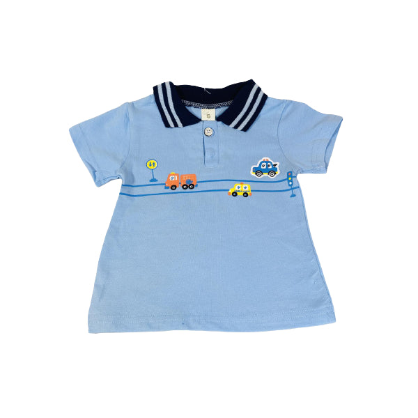 Blue Striped Collar Polo Shirt And Short Set