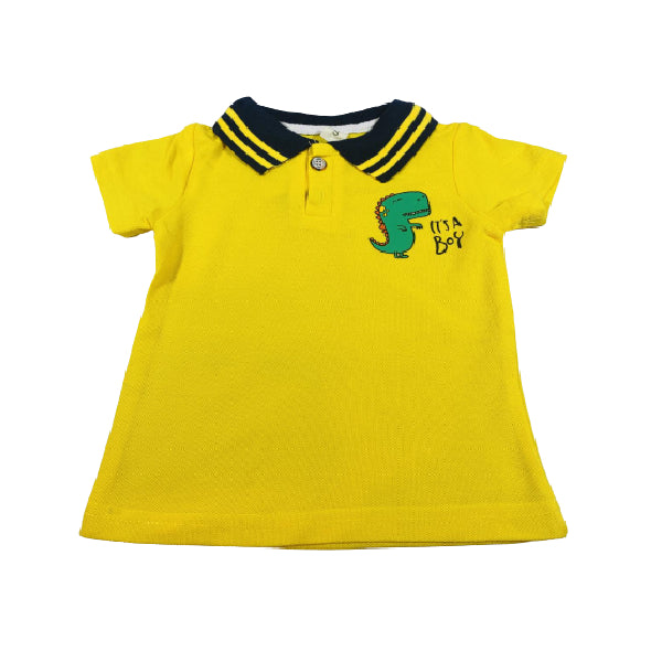 Cotton Polo Shirt and Short Set With Yellow Dino Print