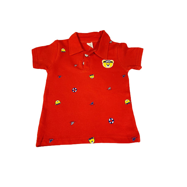 Cotton Polo Shirt And Short Set Red with Teddy Bear