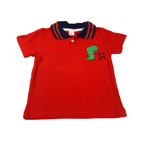 Cotton Red Dino Polo Shirt And Short Set