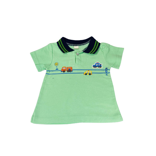 Cotton Polo Shirt And Short Set With Striped Collar And Car Print