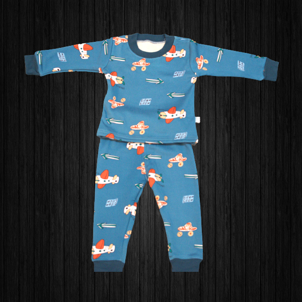 Kids Soft  Fleece Lined with Blue Plane Print Pajamas/ Loungewear