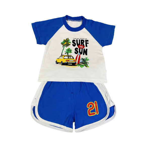 Cotton Soft Shirt And Short Set With Blue Surf The Sun Design