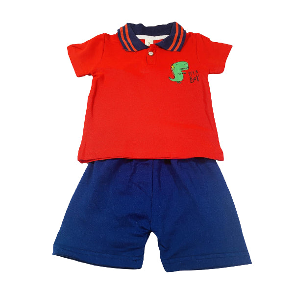 Cotton Red Dino Polo Shirt And Short Set