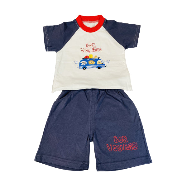 Cotton Soft 2-peice Shirt And Short Set With Bon Voyage Print