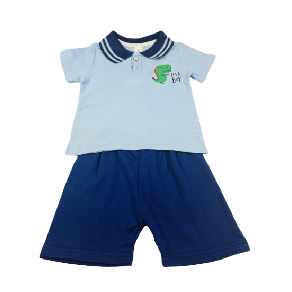 Cotton Polo Shirt And Short Set With Dino Print