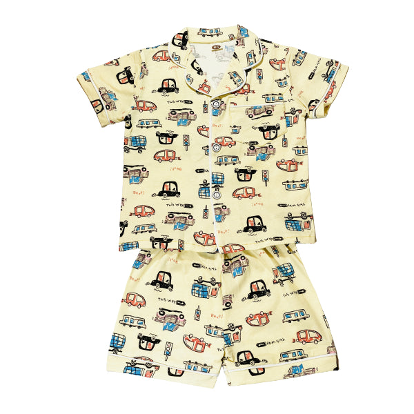 Kids Cotton Button Down Pajama Set With Car Prints