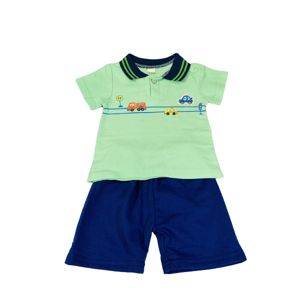 Cotton Polo Shirt And Short Set With Striped Collar And Car Print