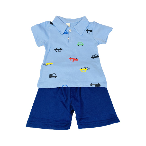 Cotton Polo Shirt And Short Set with Cars Print