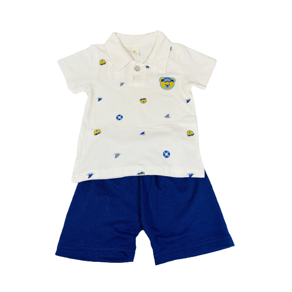 Cotton Polo Shirt And Short Set With Bear Print