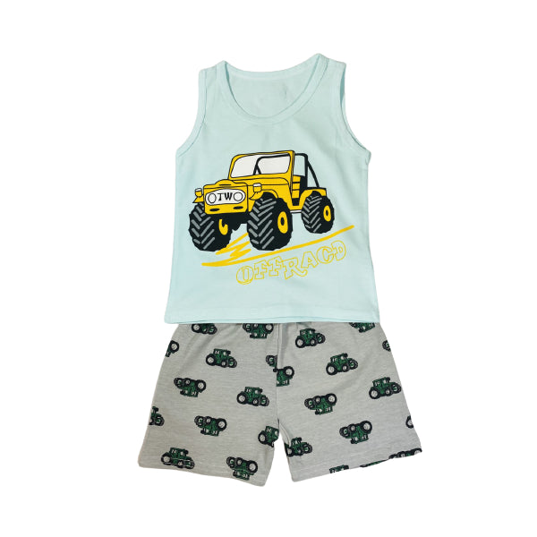 Cotton Vest And Shorts Summer Set With Monster Truck Print