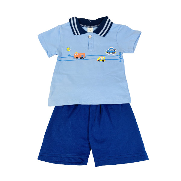 Blue Striped Collar Polo Shirt And Short Set