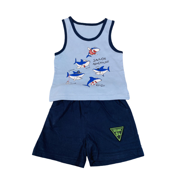 Kids Cotton Vest And Short Set With Sailor Adventure Print Blue