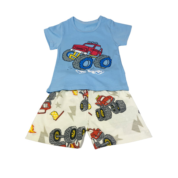 Kids Cotton Shirt And Short Summer Set Red Monster Truck