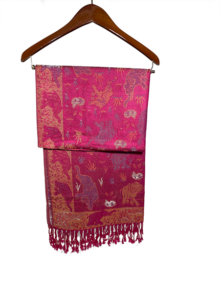 Pink Printed Silk Mix Scarf/Wrap With Elephant Design